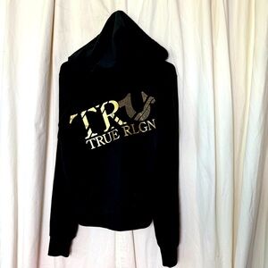 True Religion Full Zip Black & Gold Metallic Crystal Hoodie Womens Sz L